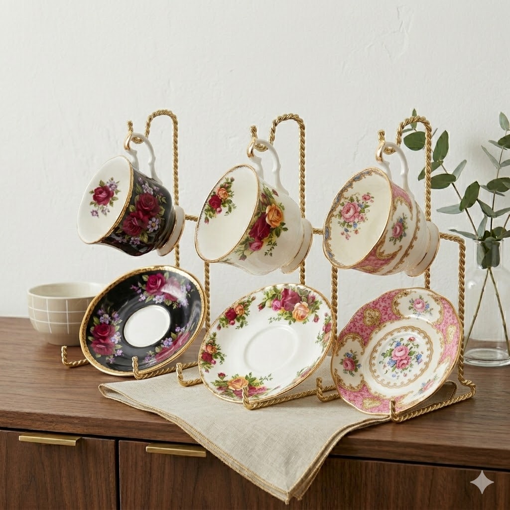 HOHIYA 6 Piece Twist Wire Cup and Saucer Display Stands Vintage Gold Teacup Holder Rack for Fine China and Collectibles Sturdy Metal Easel for Cabinets Free Shipping